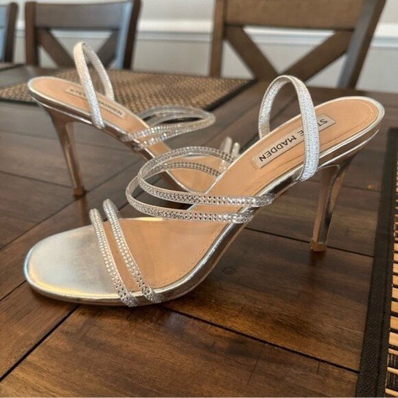 Steve Madden Silver Rhinestone Clear Strap Heels Size 8.5 Elegant Party Sandals - Picture 2 of 11